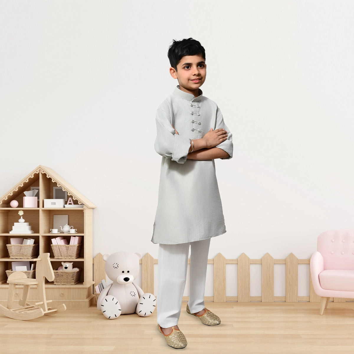 Boys Grey Kurta Pyjama Set – Elegant Ethnic Wear for Kids - image 4