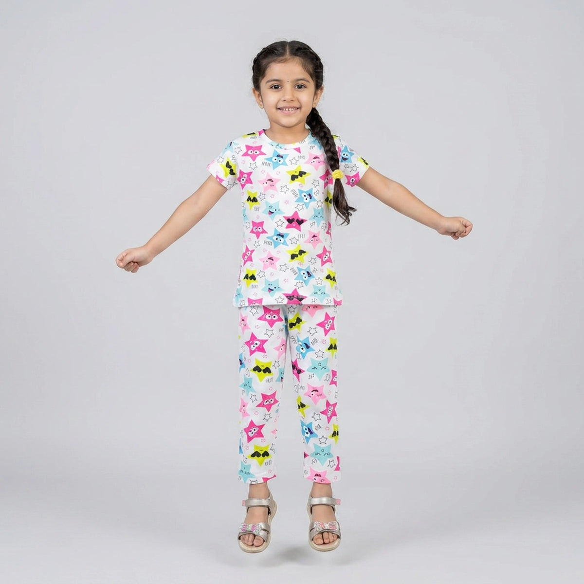 Girls White Star Print Cotton T-Shirt & Pyjama Nightwear Set