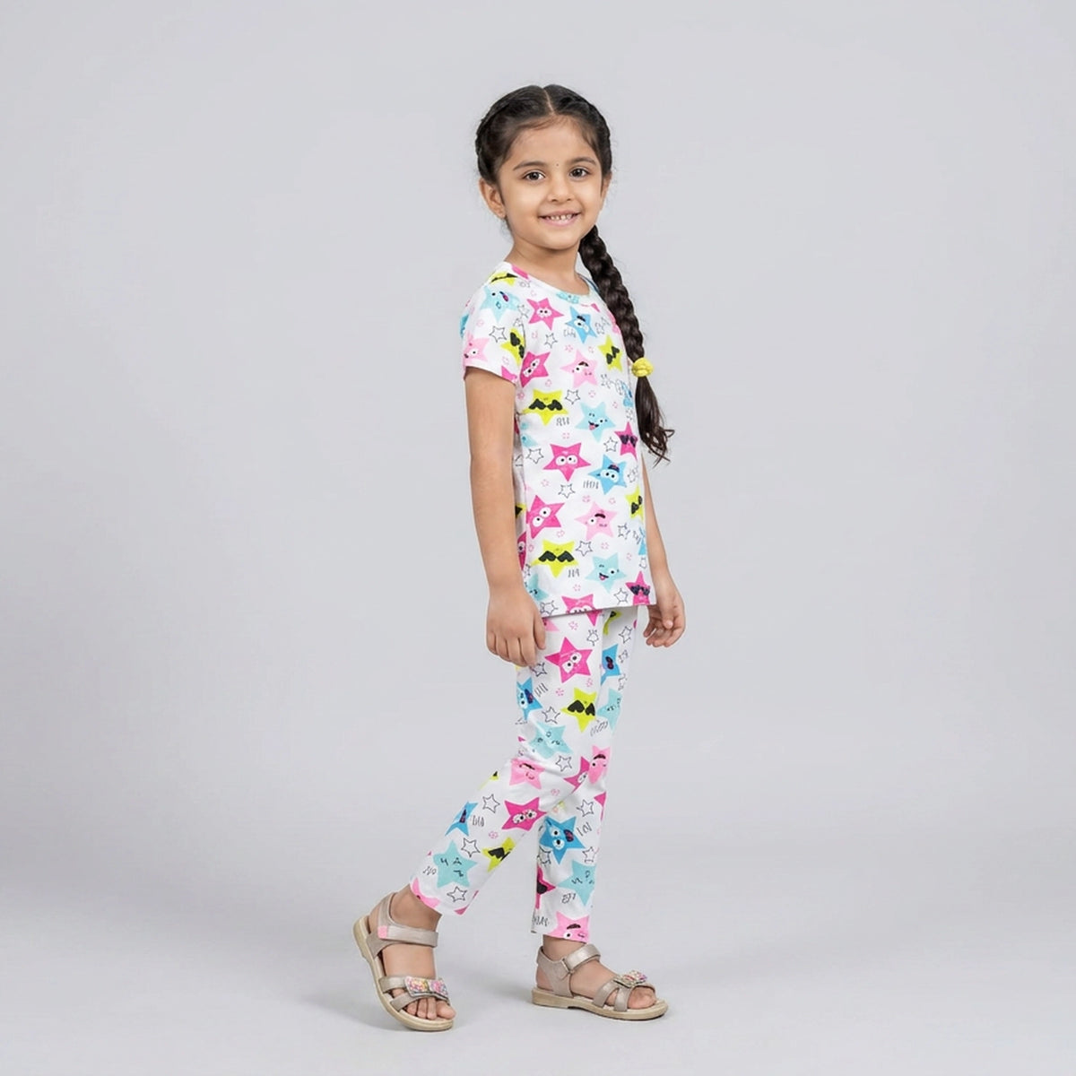 Girls White Star Print Cotton T-Shirt & Pyjama Nightwear Set