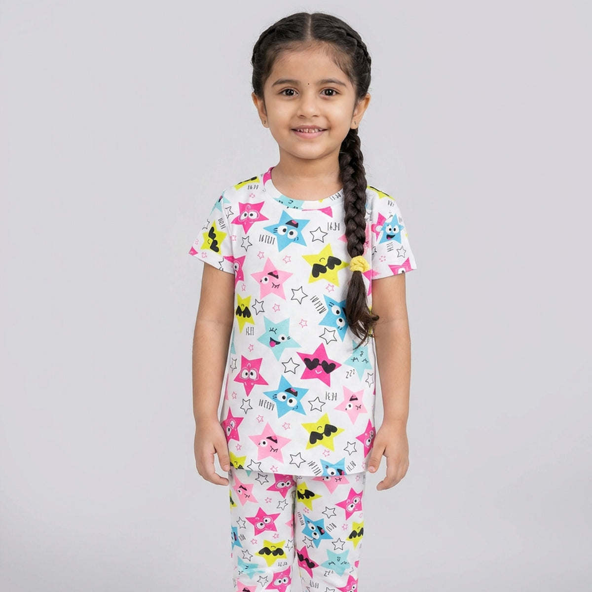 Girls White Star Print Cotton T-Shirt & Pyjama Nightwear Set