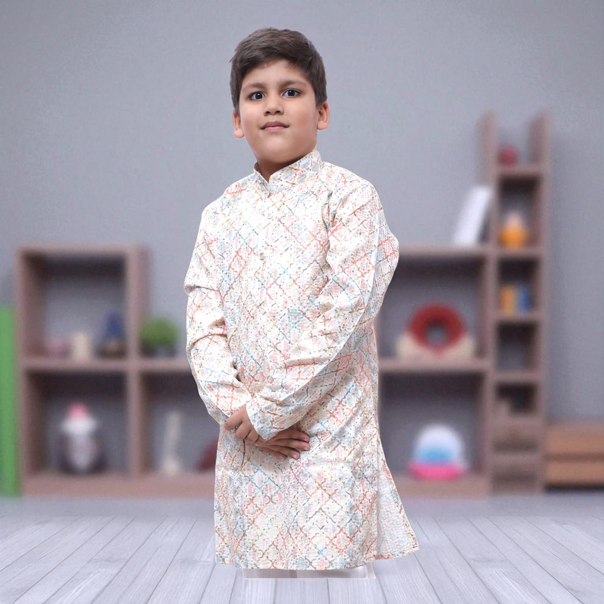 Kids Multi-Color Geometric Print Kurta Pyjama Set – Festive Ethnic Wear - image 1