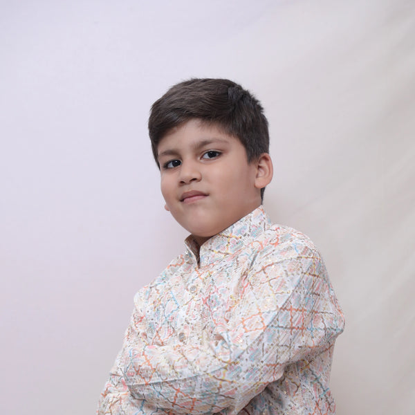 Kids Multi-Color Geometric Print Kurta Pyjama Set – Festive Ethnic Wear