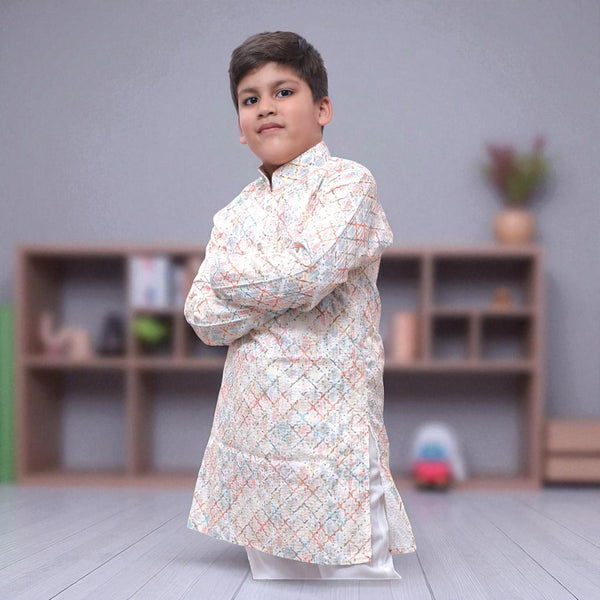 Kids Multi-Color Geometric Print Kurta Pyjama Set – Festive Ethnic Wear