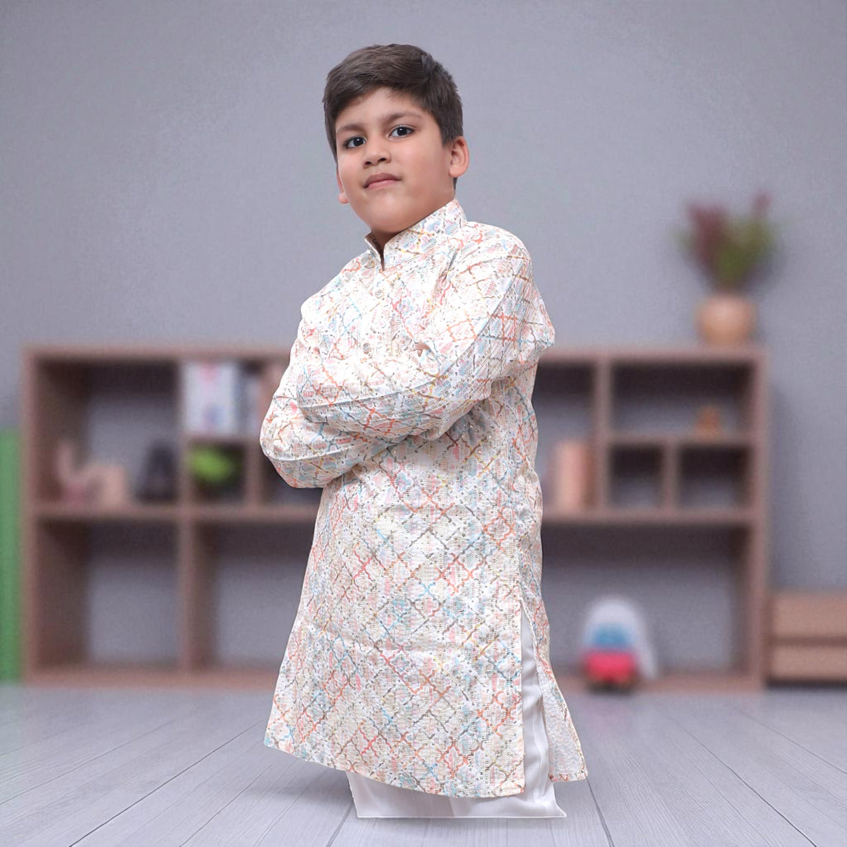 Kids Multi-Color Geometric Print Kurta Pyjama Set – Festive Ethnic Wear - image 2