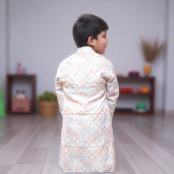 Kids Multi-Color Geometric Print Kurta Pyjama Set – Festive Ethnic Wear