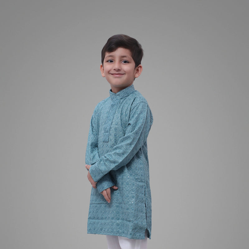 Kids Grey Blue Kurta Pyjama Set – Traditional Ethnic Wear for Boys