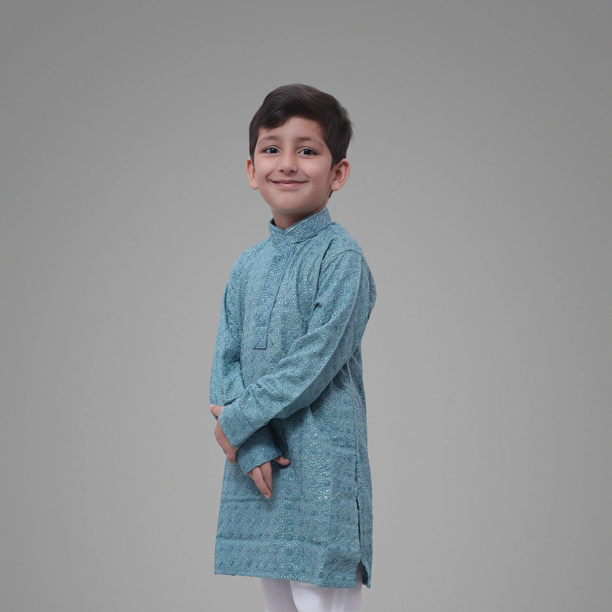 Kids Grey Blue Kurta Pyjama Set – Traditional Ethnic Wear for Boys - image 2
