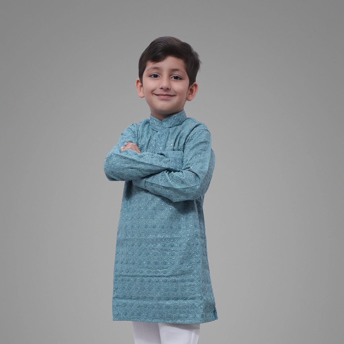 Kids Grey Blue Kurta Pyjama Set – Traditional Ethnic Wear for Boys - image 4