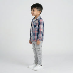 Boys Checked Shirt with Graphic T-Shirt and Light Grey Cargo Jeans Set