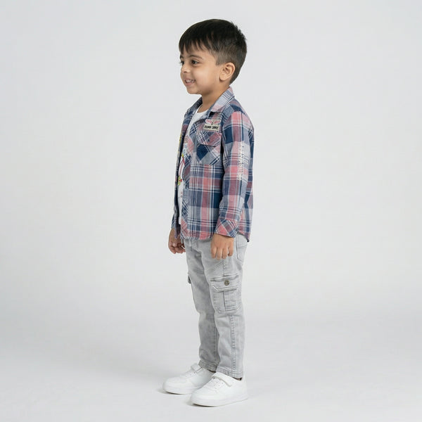 Boys Checked Shirt with Graphic T-Shirt and Light Grey Cargo Jeans Set