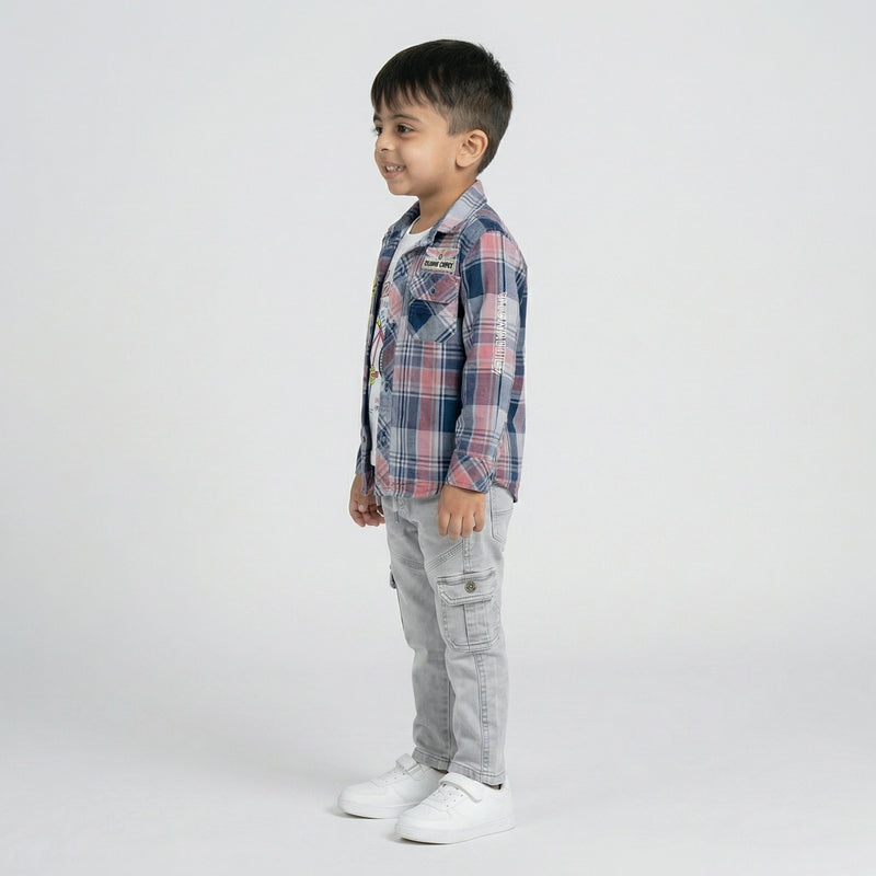 Boys Checked Shirt with Graphic T-Shirt and Light Grey Cargo Jeans Set