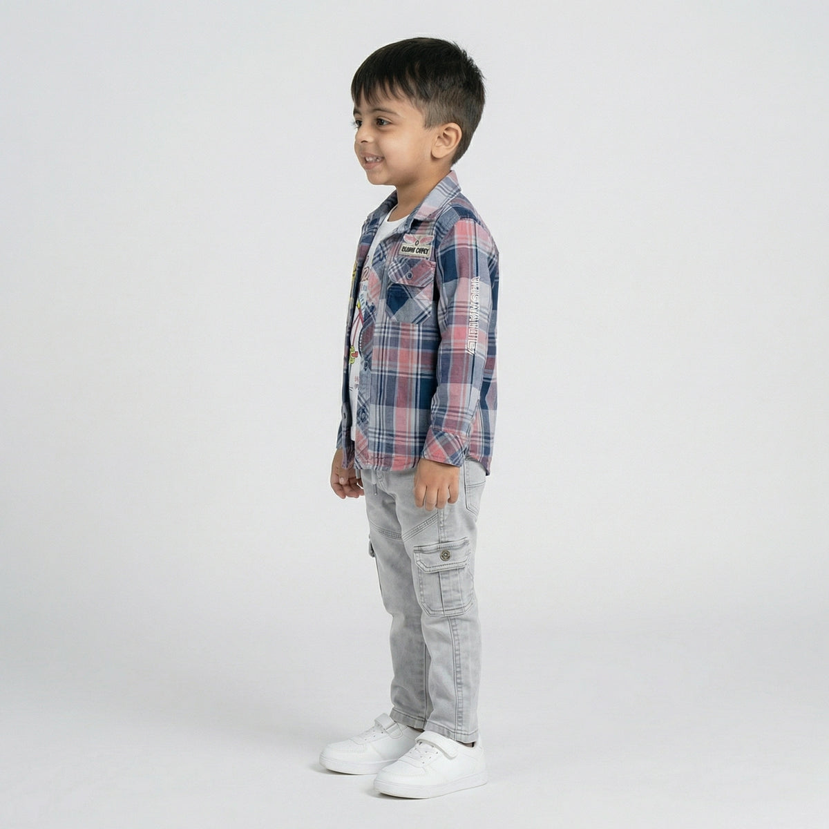 Boys Checked Shirt with Graphic T-Shirt and Light Grey Cargo Jeans Set - image 2
