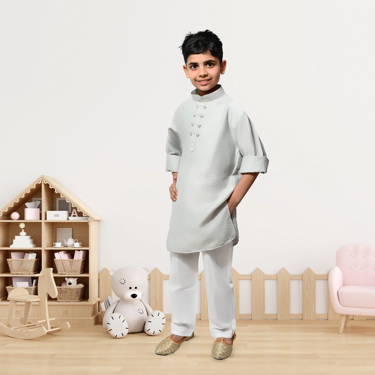 Boys Grey Kurta Pyjama Set – Elegant Ethnic Wear for Kids - image 1