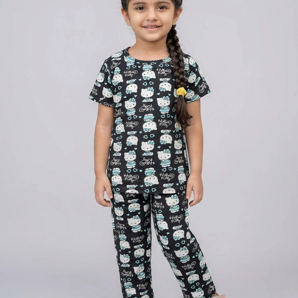 Girls Black Kitty Character Print Cotton T-Shirt & Pyjama Set