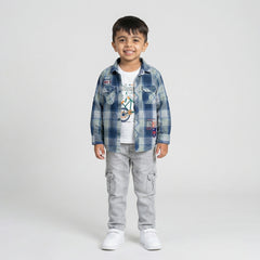 BOYS Casual Checkered Shirt & Cargo Pants Set with Graphic T-Shirt – Stylish Kids Outfit (3-Piece Set)