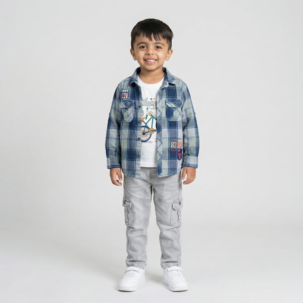 BOYS Casual Checkered Shirt & Cargo Pants Set with Graphic T-Shirt – Stylish Kids Outfit (3-Piece Set)