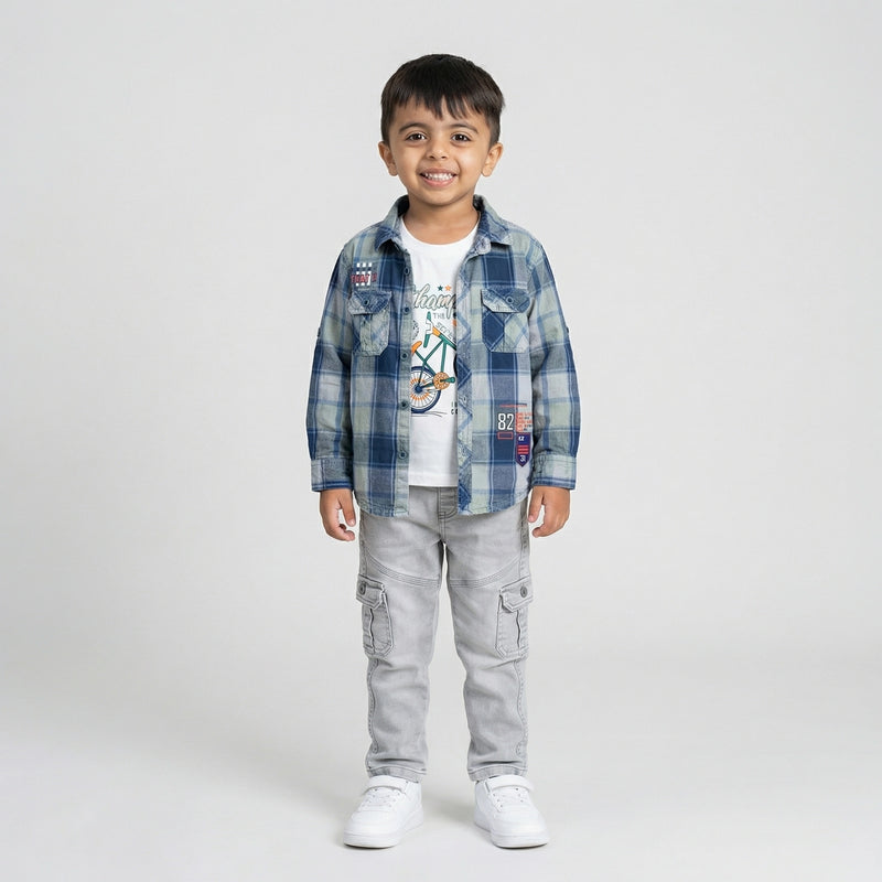 BOYS Casual Checkered Shirt & Cargo Pants Set with Graphic T-Shirt – Stylish Kids Outfit (3-Piece Set)