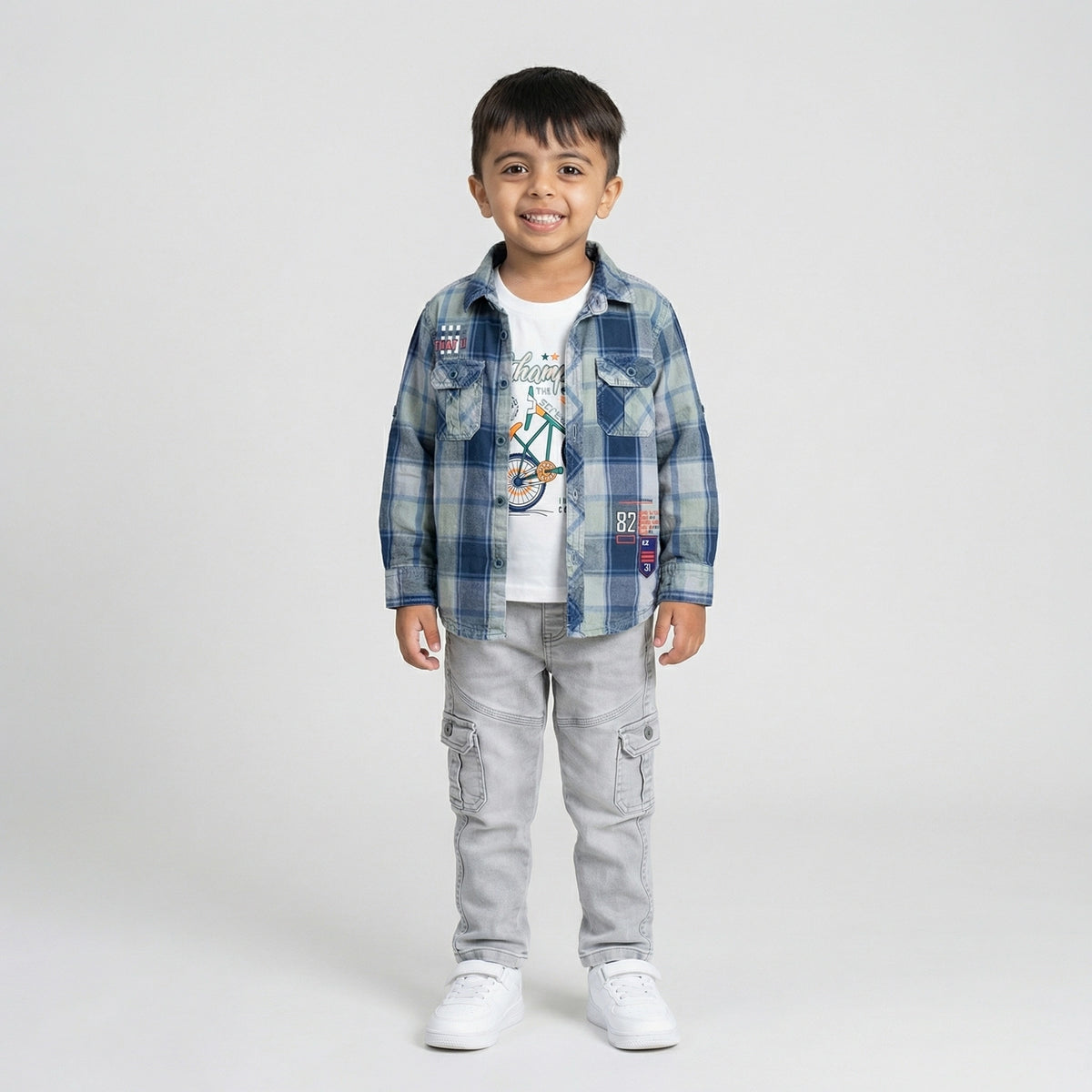 BOYS Casual Checkered Shirt & Cargo Pants Set with Graphic T-Shirt – Stylish Kids Outfit (3-Piece Set)