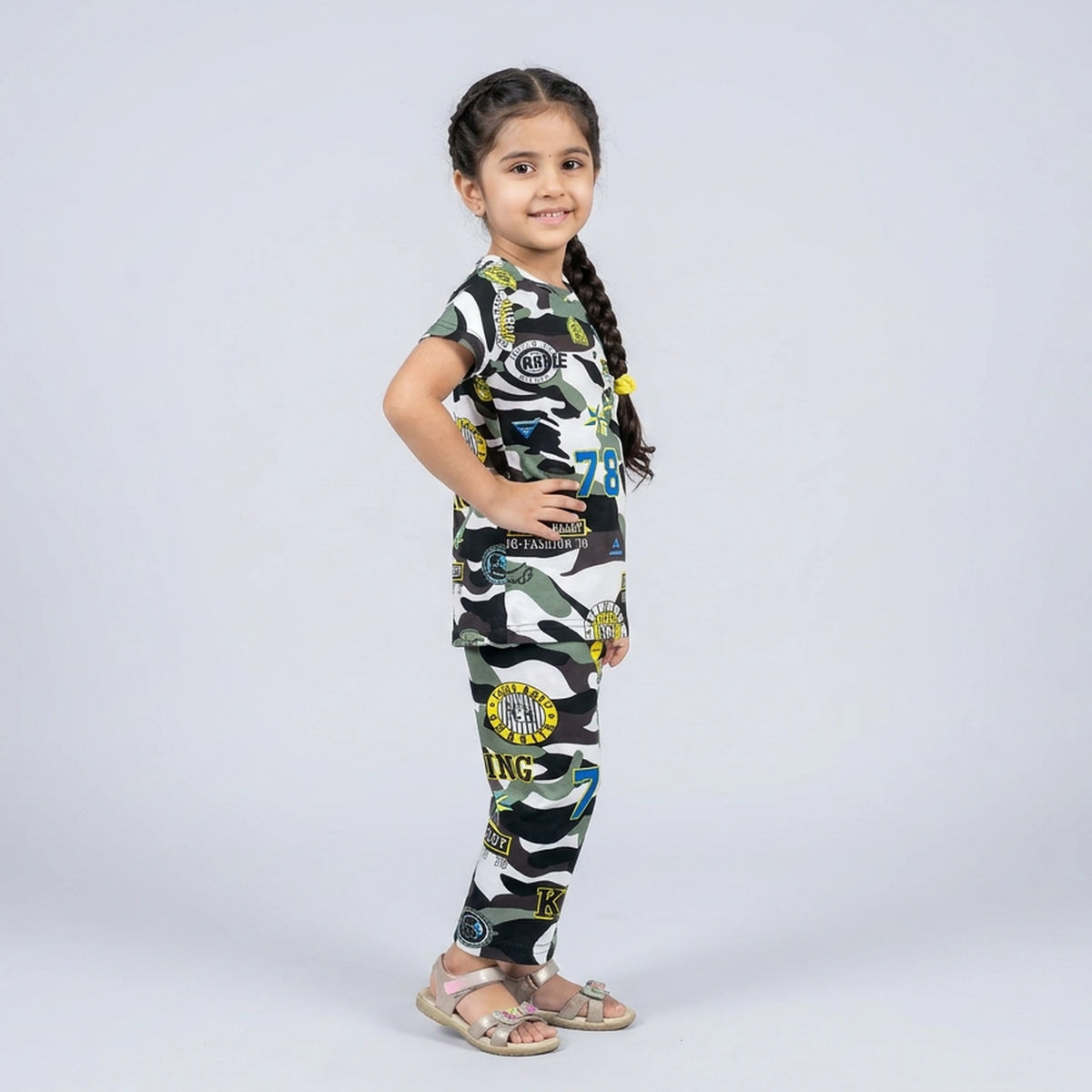 Kids Camouflage Print Cotton T-Shirt & Pyjama Set with Number 78 Graphic