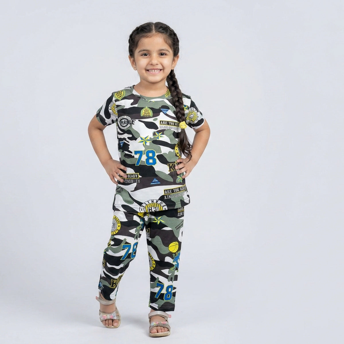 Kids Camouflage Print Cotton T-Shirt & Pyjama Set with Number 78 Graphic