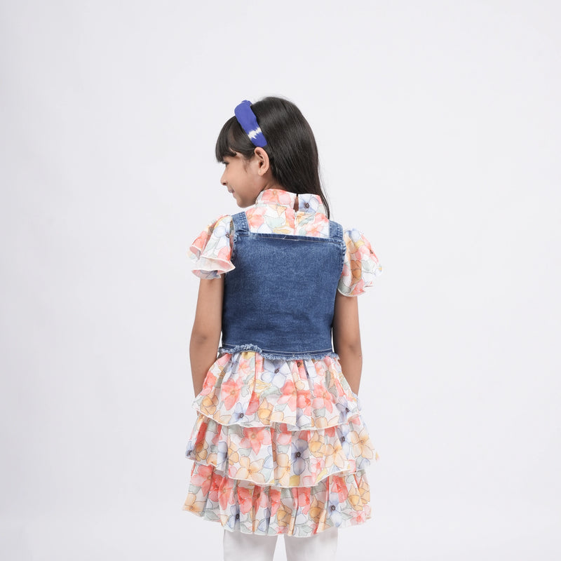 Girls - Denim Pinafore Dress With Floral Print Top and legging