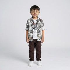 Boys Tropical Print Shirt with Graphic T-Shirt and Brown Cargo Pants Set