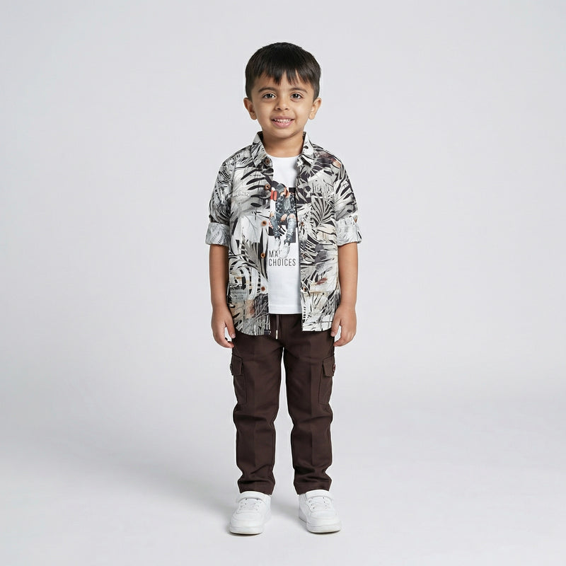 Boys Tropical Print Shirt with Graphic T-Shirt and Brown Cargo Pants Set