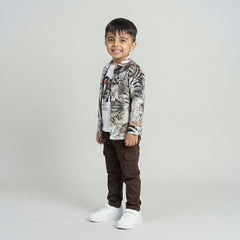 Boys Tropical Print Shirt with Graphic T-Shirt and Brown Cargo Pants Set