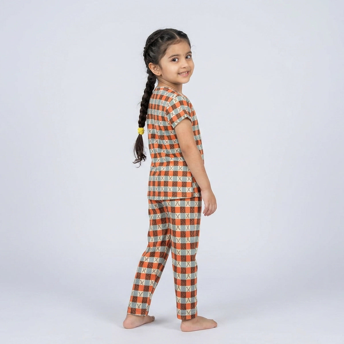 Kids Rust Orange Checkered Print Cotton T-Shirt & Pyjama Set
