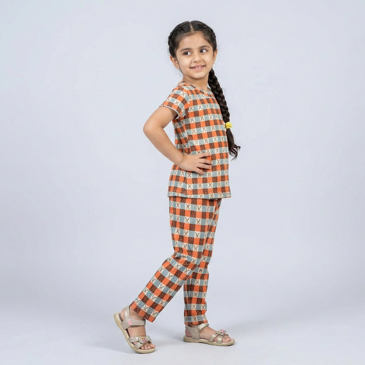 Kids Rust Orange Checkered Print Cotton T-Shirt & Pyjama Set