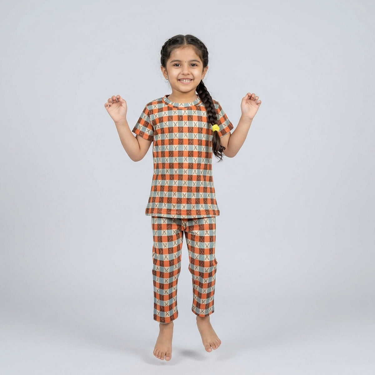 Kids Rust Orange Checkered Print Cotton T-Shirt & Pyjama Set