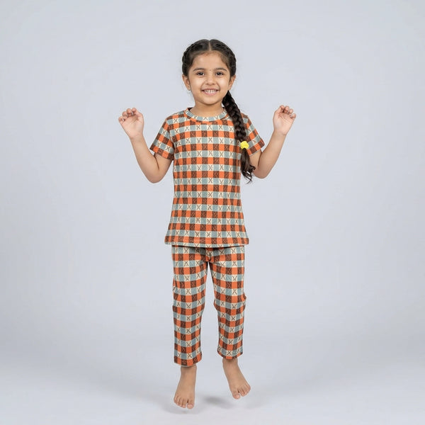 Kids Rust Orange Checkered Print Cotton T-Shirt & Pyjama Set