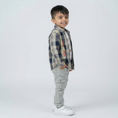 Boys Checked Shirt with Graphic T-Shirt and Light Grey Cargo Jeans Set