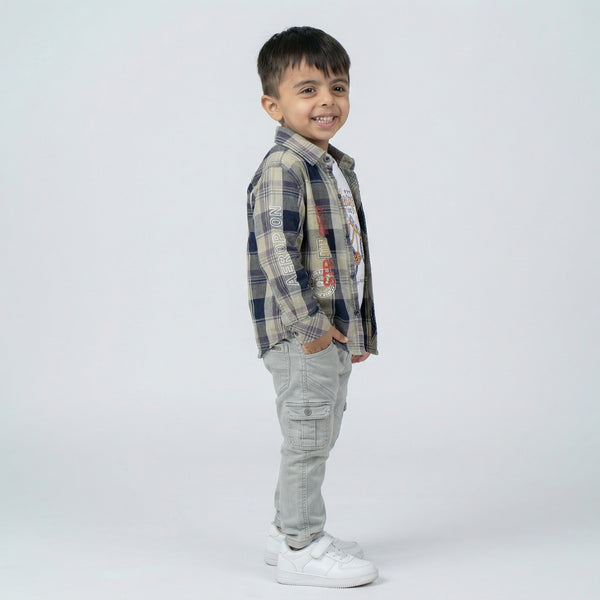 Boys Checked Shirt with Graphic T-Shirt and Light Grey Cargo Jeans Set