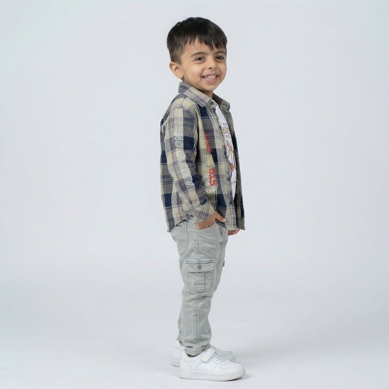 Boys Checked Shirt with Graphic T-Shirt and Light Grey Cargo Jeans Set