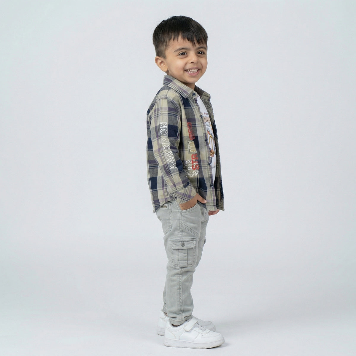 Boys Checked Shirt with Graphic T-Shirt and Light Grey Cargo Jeans Set - image 4