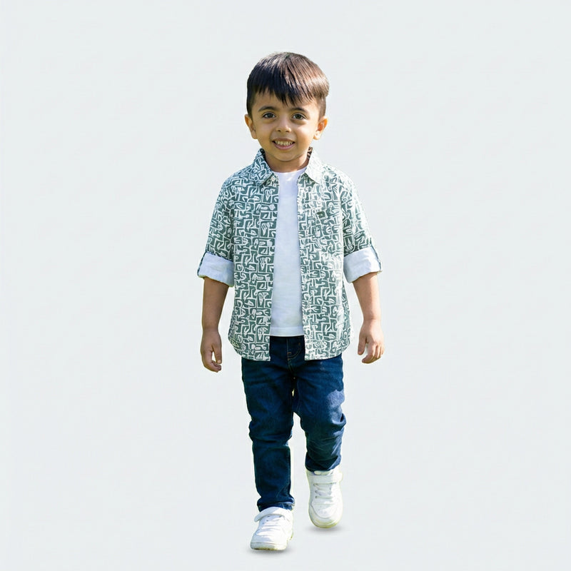 Boys Green Printed Shirt with Denim Jeans – Casual Stylish Outfit for Kids