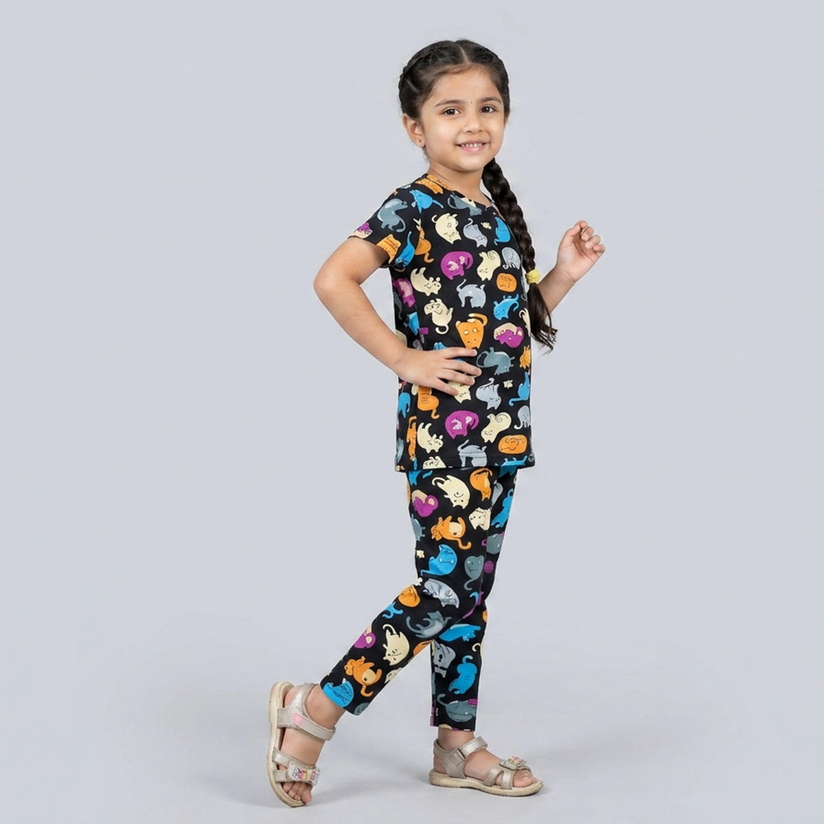 Kids Black Cartoon Cat Print Cotton T-Shirt & Pyjama Set