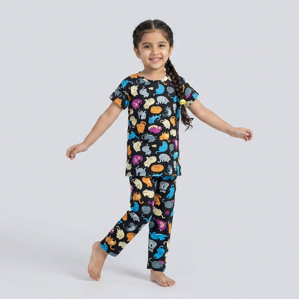 Kids Black Cartoon Cat Print Cotton T-Shirt & Pyjama Set