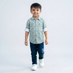 Boys Green Printed Shirt with Denim Jeans – Casual Stylish Outfit for Kids