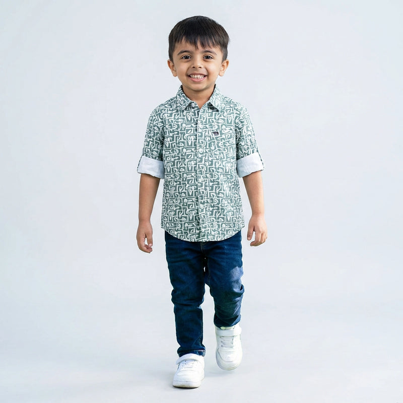 Boys Green Printed Shirt with Denim Jeans – Casual Stylish Outfit for Kids