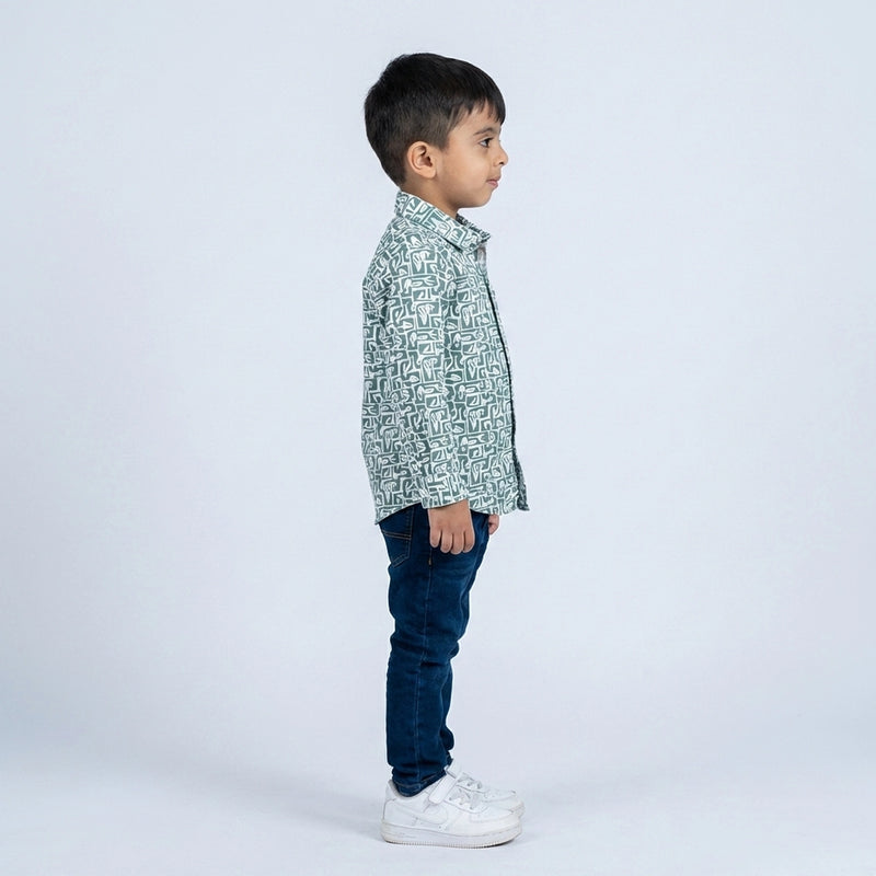 Boys Green Printed Shirt with Denim Jeans – Casual Stylish Outfit for Kids