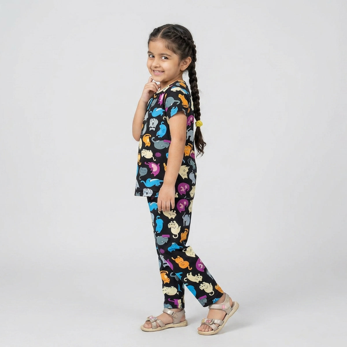 Kids Black Cartoon Cat Print Cotton T-Shirt & Pyjama Set