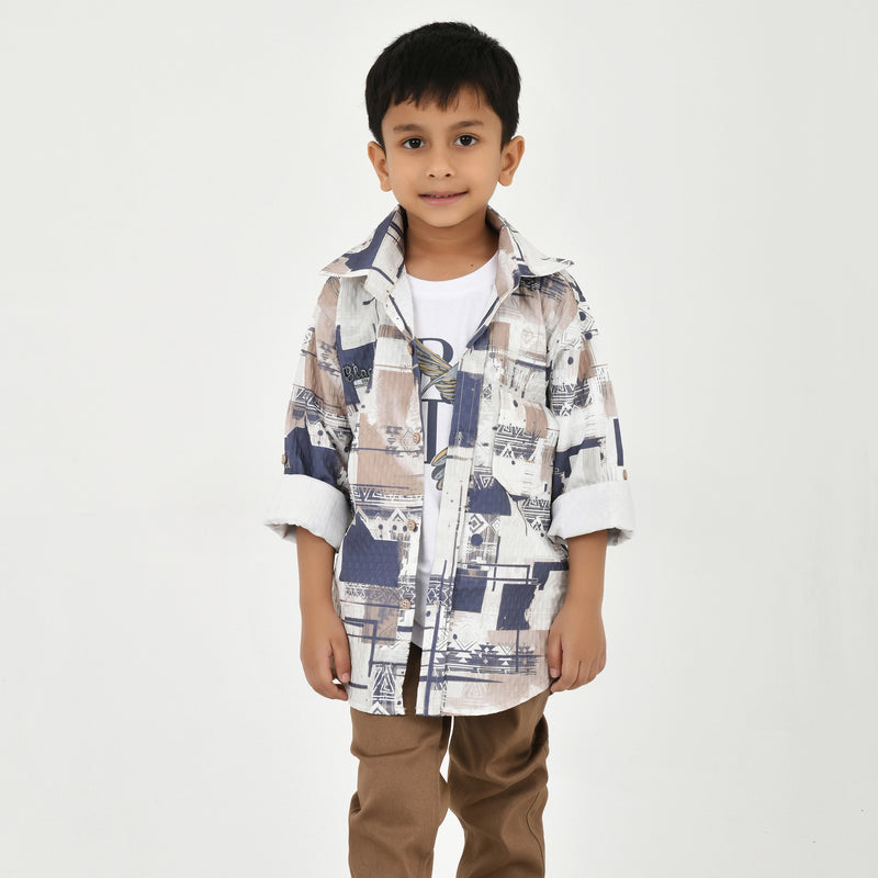 Boys Abstract Printed Shirt with White Graphic T-Shirt, Brown Pants and Black White Sneakers