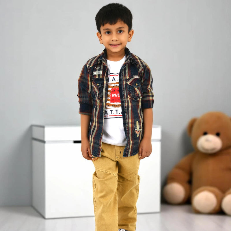 Boys Checked Casual Shirt with White Graphic T-Shirt, Mustard Pants and Black White Sneakers