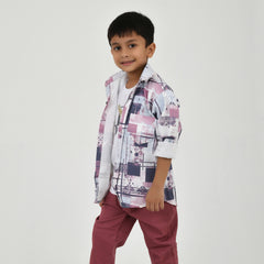 Boys Abstract Printed Shirt with White Graphic T-Shirt, Maroon Pants and Black White Sneakers