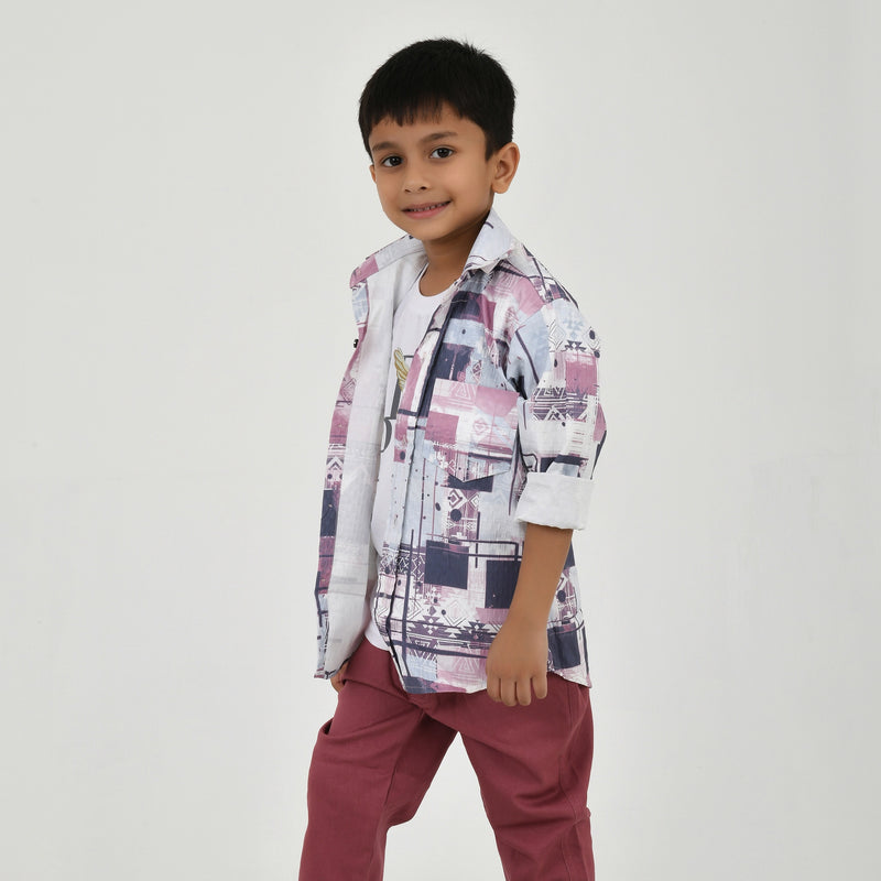 Boys Abstract Printed Shirt with White Graphic T-Shirt, Maroon Pants and Black White Sneakers