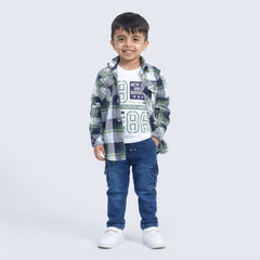 Boys Brown Checked Casual Shirt with White T-Shirt, Blue Cargo Jeans and White Sneakers