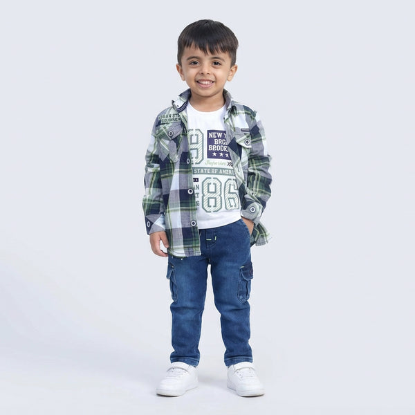 Boys Brown Checked Casual Shirt with White T-Shirt, Blue Cargo Jeans and White Sneakers