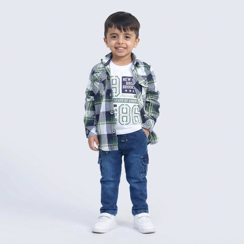 Boys Brown Checked Casual Shirt with White T-Shirt, Blue Cargo Jeans and White Sneakers